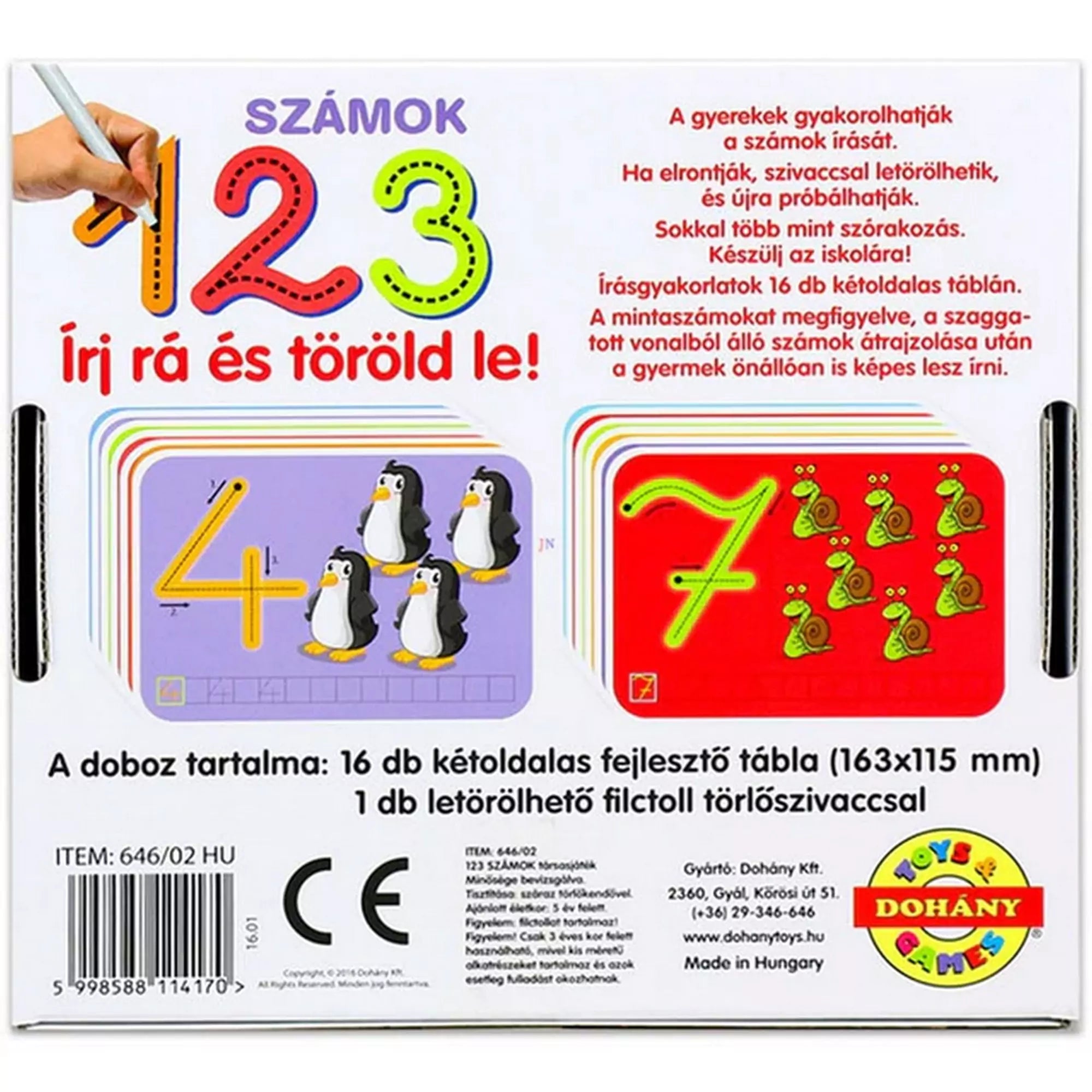 A „123 Számok – Írj rá és töröld le!” csomag hátoldala, rajta két kártya mintapéldával (pingvines 4-es és csigás 7-es), valamint leírás a tartalomról és használatról.