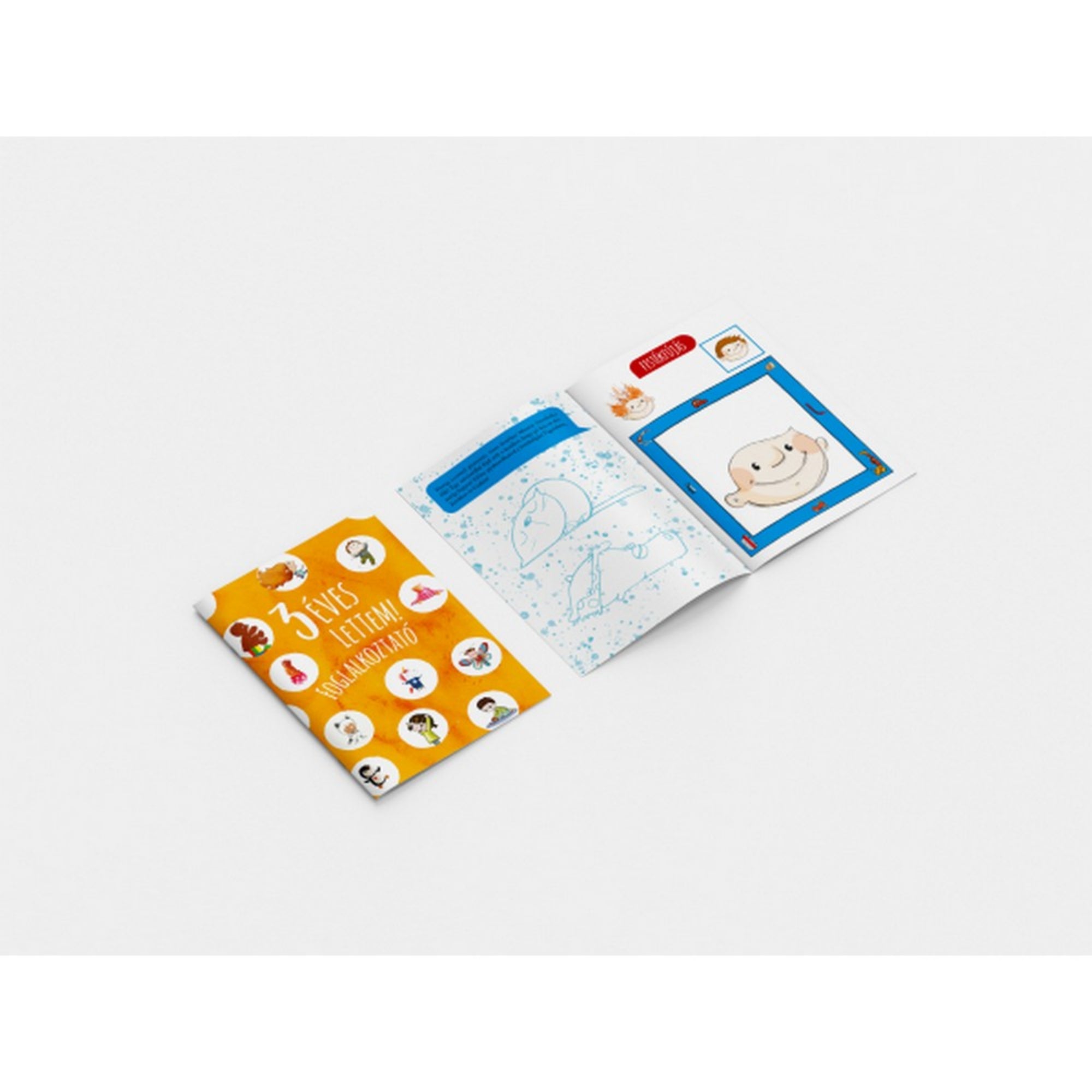 3 éves lettem! foglalkoztató könyv nyitott oldalai, színező és összekötős feladatokkal, mosolygó gyermekrajz illusztrációval.