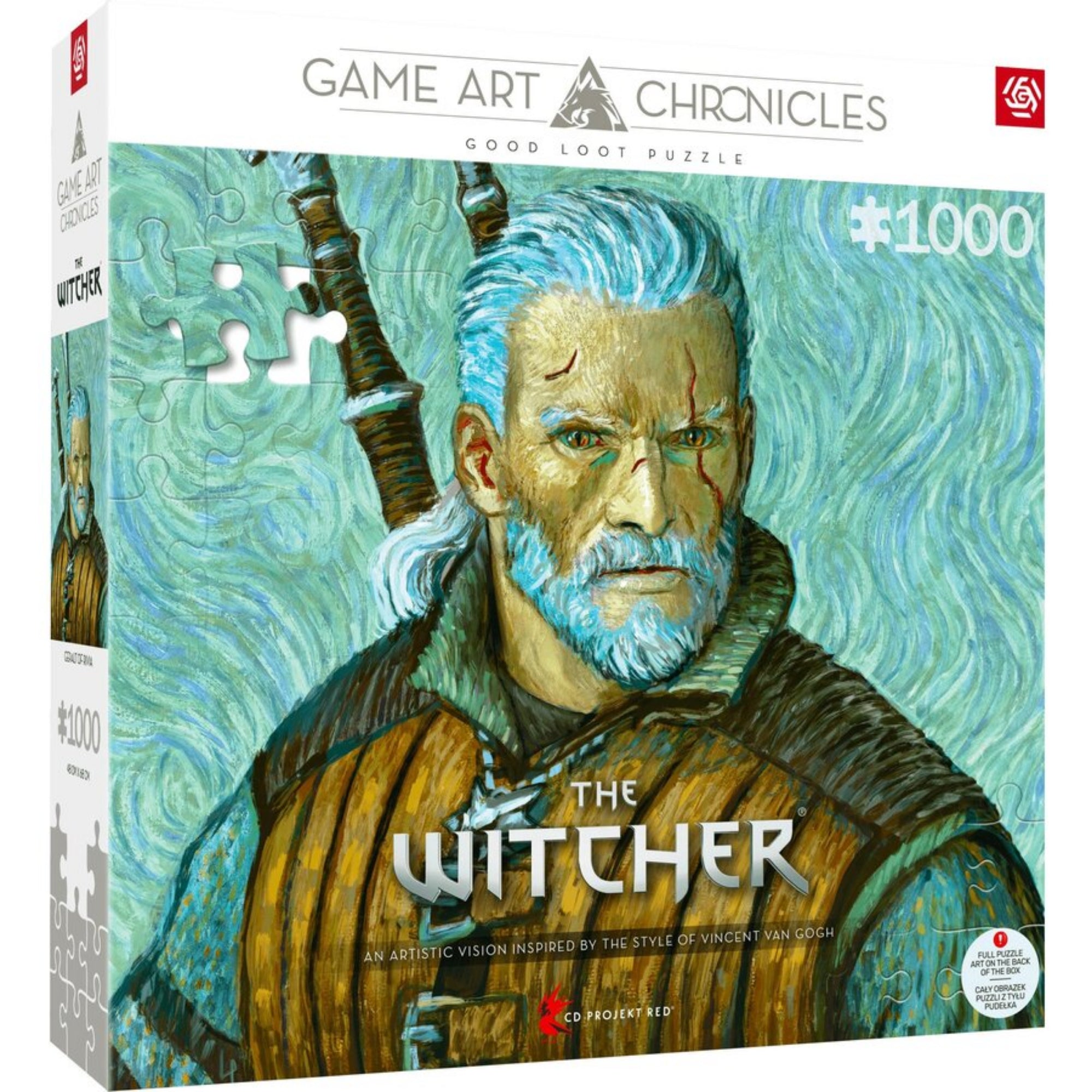 A The Witcher 1000 darabos puzzle doboza, amely Vincent van Gogh stílusában ábrázolja Geraltot. A Game Art Chronicles sorozat része, CD Projekt Red licensszel.