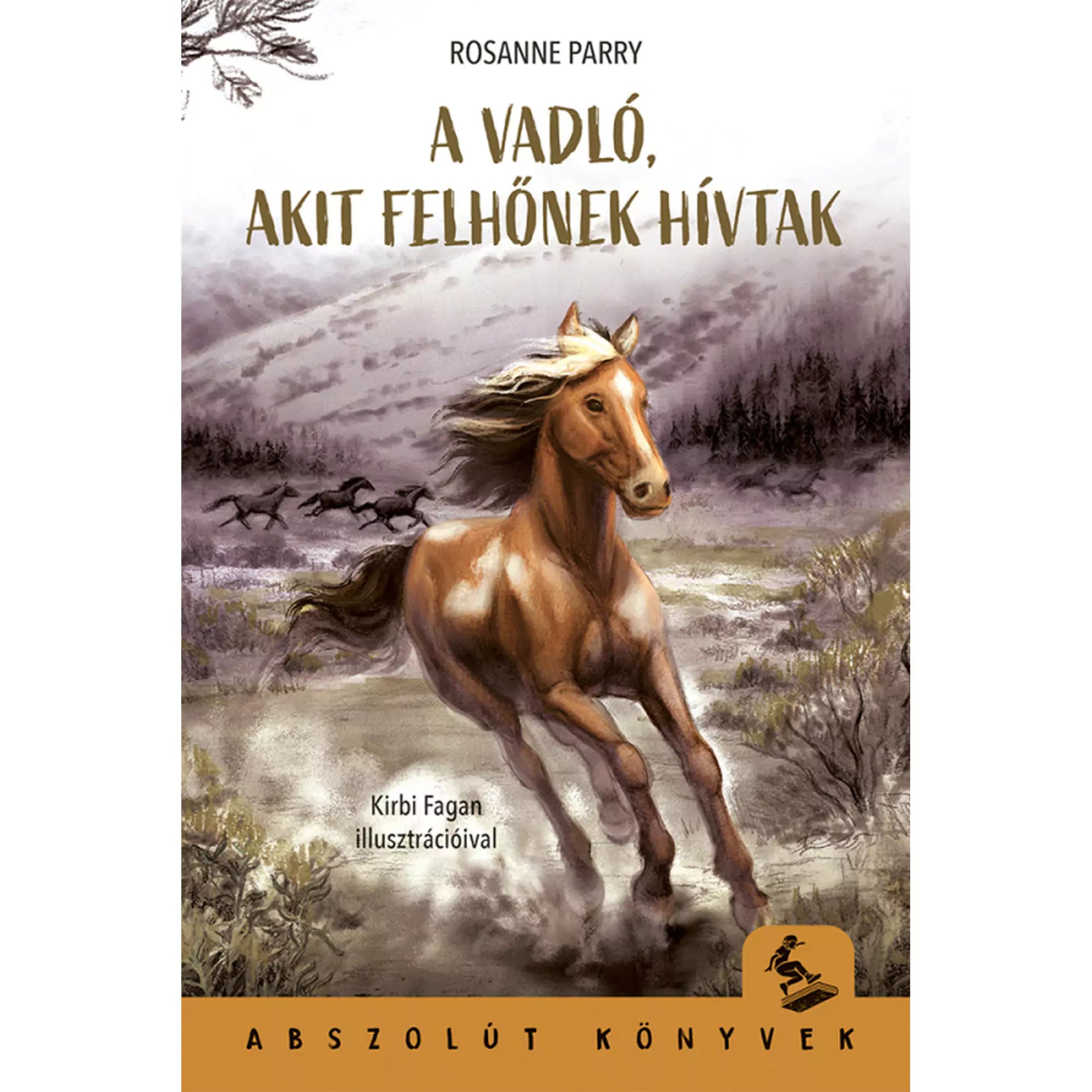 „A vadló, akit Felhőnek hívtak” című könyv borítója, amelyen egy barna vadló vágtat a természetben, háttérben hegyekkel és egy csapat futó lóval.