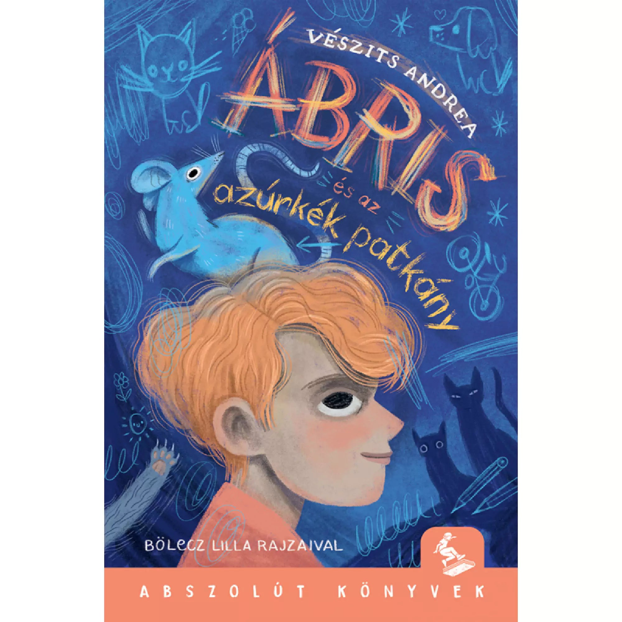 Az „Ábris és az azúrkék patkány” című könyv borítója, amelyen egy vörös hajú fiú arcképe látható profilból, háttérben krétarajz-szerű kékes motívumokkal: macska, bicikli, csillagok és egy világoskék patkány. A szerző neve Vésziits Andrea, az illusztrátor Bölécz Lilla. Alul narancssárga sávban az „Abszolút Könyvek” felirat olvasható.