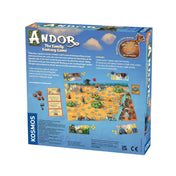 Az Andor: The Family Fantasy Game társasjáték dobozának hátoldala, játéktáblával és tartozékokkal bemutatva.