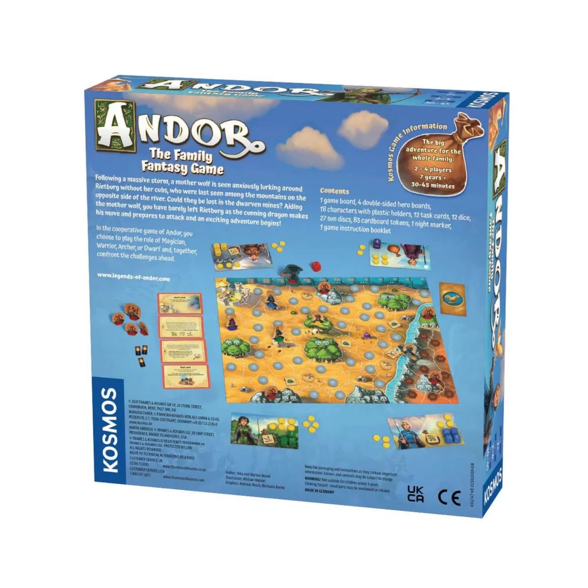 Az Andor: The Family Fantasy Game társasjáték dobozának hátoldala, játéktáblával és tartozékokkal bemutatva.