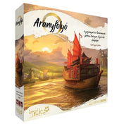 Az Aranyfolyó társasjáték doboza, amelyen egy naplementében hajózó tradicionális keleti hajó látható, a Legend of the Five Rings világából.