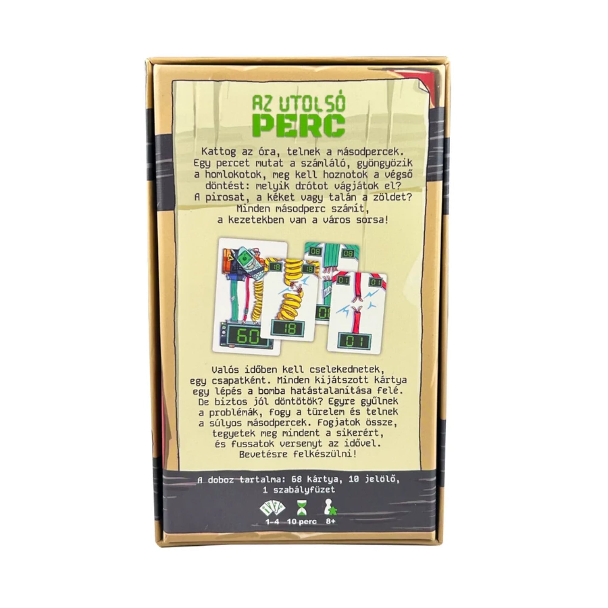 Doboz hátoldala, rajta részletes játékleírással és illusztrációkkal a bombát ábrázoló kártyákról, magyar nyelvű szöveggel, valamint játékszabályok összefoglalójával és játékelemek felsorolásával.