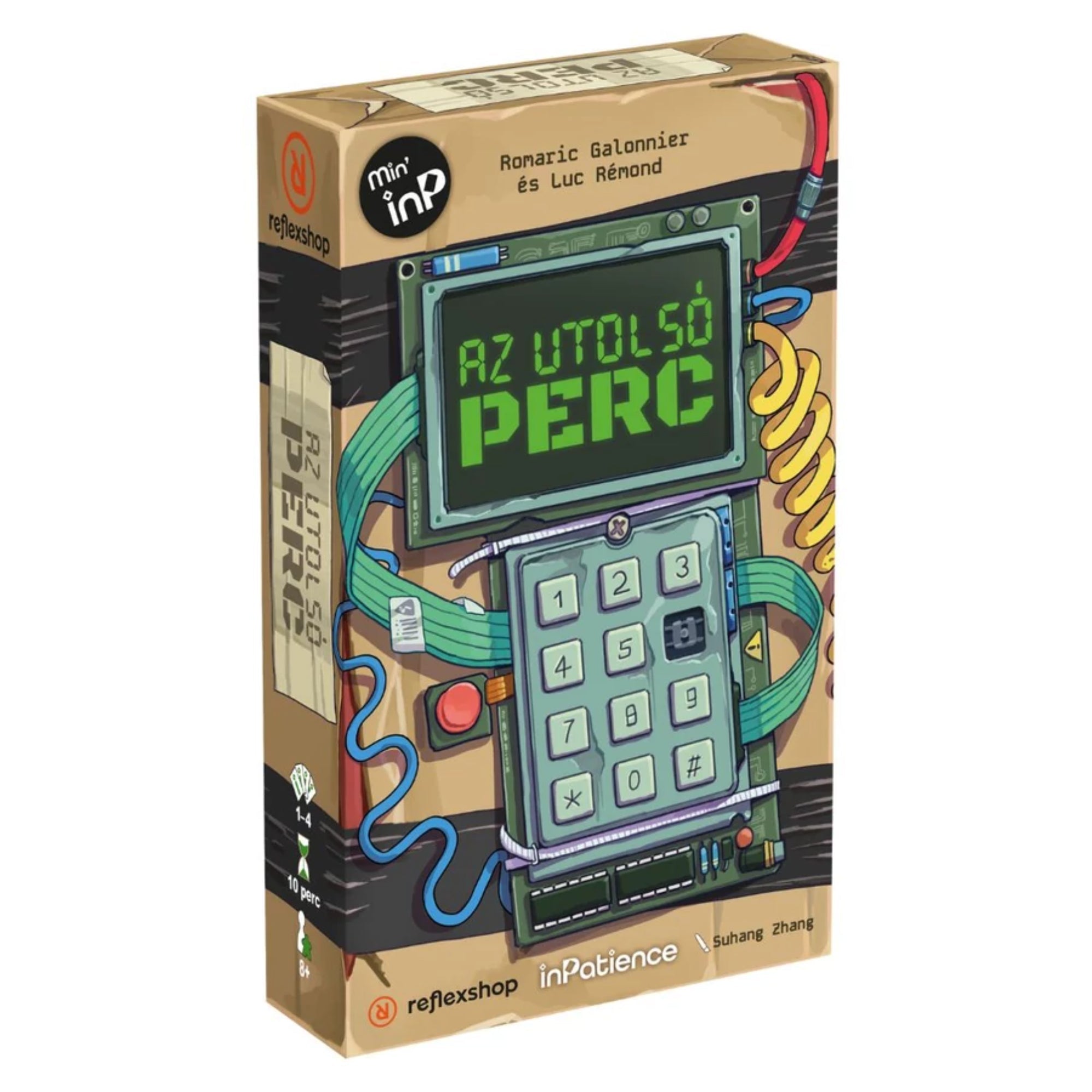 Az „Az utolsó perc” társasjáték doboza szemből, dominánsan látható zöld kijelzővel, bombát idéző dizájnnal és számos vezetékkel, gombbal, valamint egy nagy számzáras panel grafikájával.