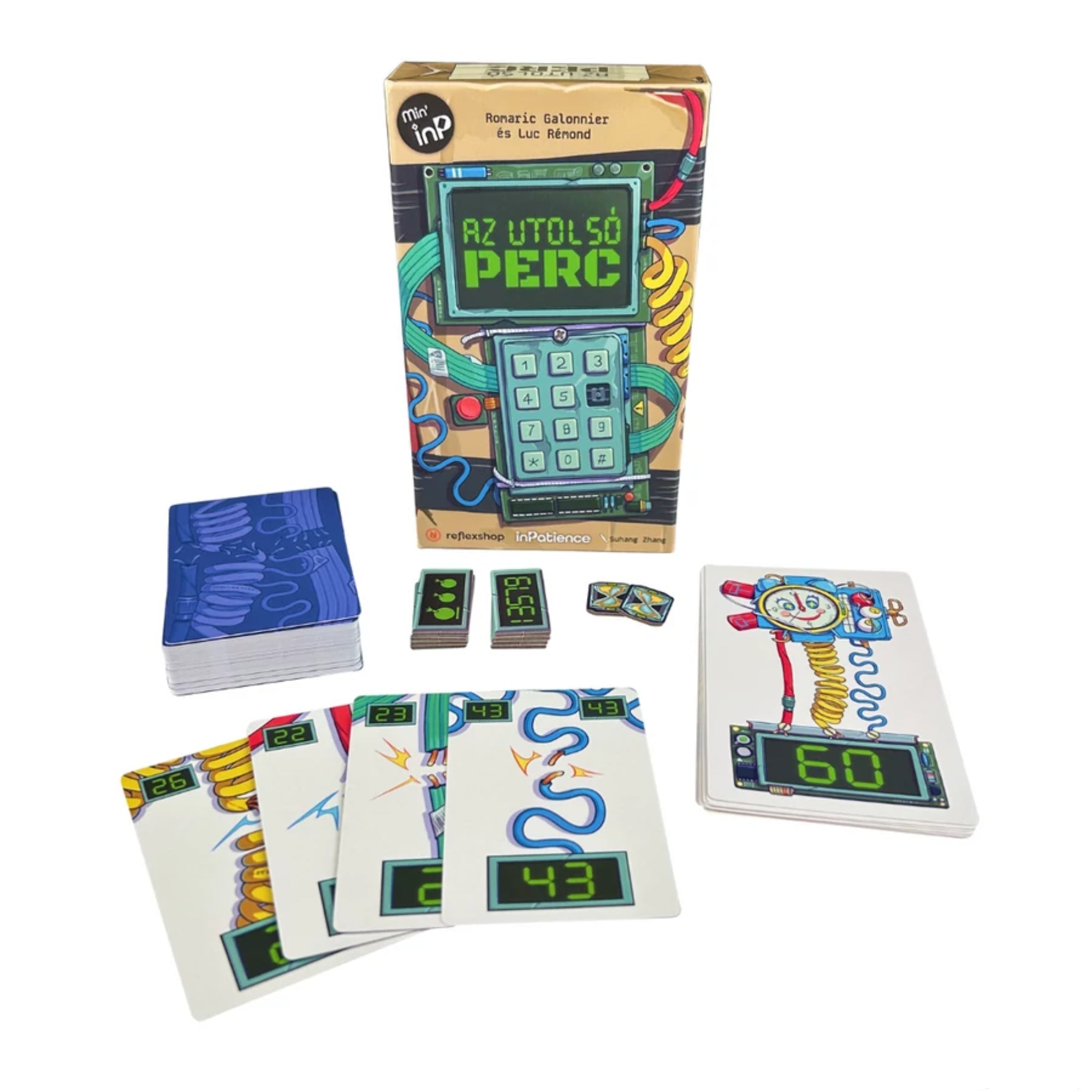 Az „Az utolsó perc” társasjáték kiterített tartalma, beleértve a dobozt, különféle kártyapaklikat, digitális kijelzőket ábrázoló kártyákat, idő- és hatásjelölő lapkákat, mind a játék izgalmas bombahatástalanítási tematikáját tükrözve.