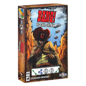 A Bang! A kockajáték doboza vadnyugati hangulatú borítóval, amelyen egy kalapos fegyveres áll a háttérben felszálló füsttel, alul a dobókockák ikonjaival.