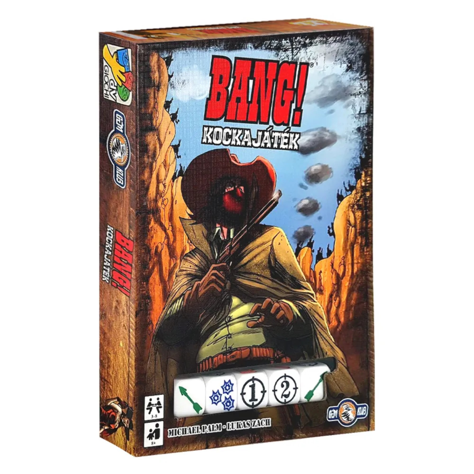 A Bang! A kockajáték doboza vadnyugati hangulatú borítóval, amelyen egy kalapos fegyveres áll a háttérben felszálló füsttel, alul a dobókockák ikonjaival.