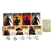 A Bang! A kockajáték karakterei és szerepkártyái: sheriff, renegát, bandita, seriffhelyettes, valamint karakterkártyák Vulture Sam, Black Jack és Bart Cassidy névvel, mellettük dobókockák akcióikonokkal.