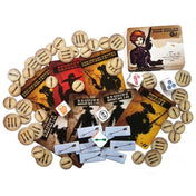 A Bang! A kockajáték tartozékai körben elrendezve: karakterkártyák, szerepkártyák (sheriff, renegát, bandita, seriffhelyettes), fa hatású töltény- és nyíltokenek, valamint három speciális dobókocka.