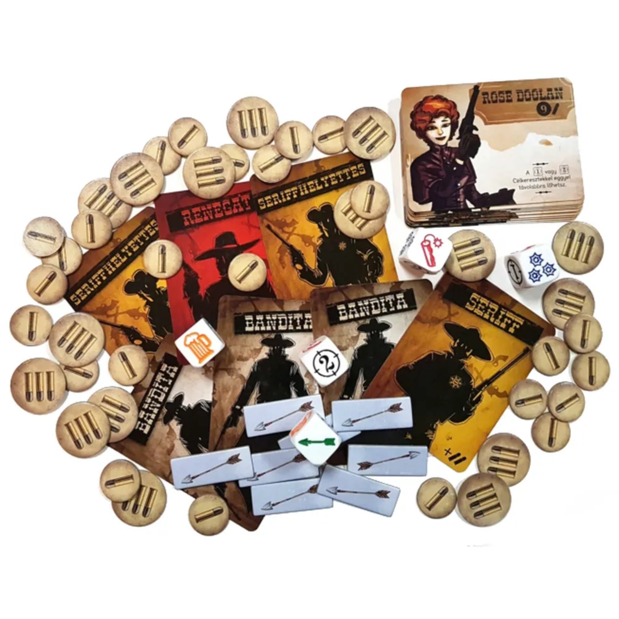 A Bang! A kockajáték tartozékai körben elrendezve: karakterkártyák, szerepkártyák (sheriff, renegát, bandita, seriffhelyettes), fa hatású töltény- és nyíltokenek, valamint három speciális dobókocka.