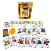 A Bang! Aranyláz kiegészítő doboza a játékhoz tartozó lapokkal és sárga műanyag aranyrögökkel kiterítve, többféle akció- és karakterkártyával.