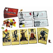 Bang! – Legendák karakterkártyák és küldetéslapkák kiterítve, mellettük rengeteg tematikus fa jelölő, köztük kalap, csontvázfej és dollárjel formában.