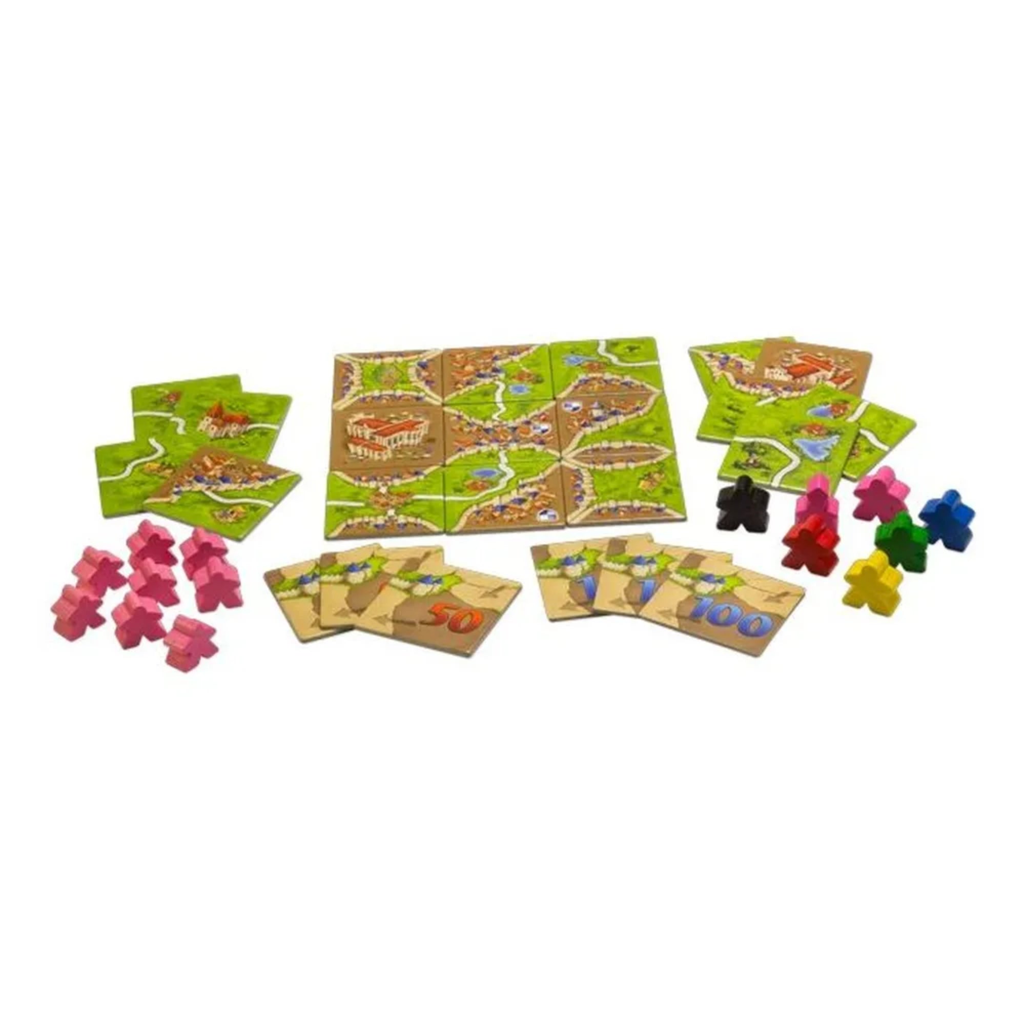 A Carcassonne: Fogadók és Katedrálisok kiegészítő elemei kiterítve. Láthatók az új tájlapkák fogadókkal és katedrálisokkal, a rózsaszín bábuk, a különböző színű nagy figurák és a pontozólapok, melyek a játékot teszik színesebbé.