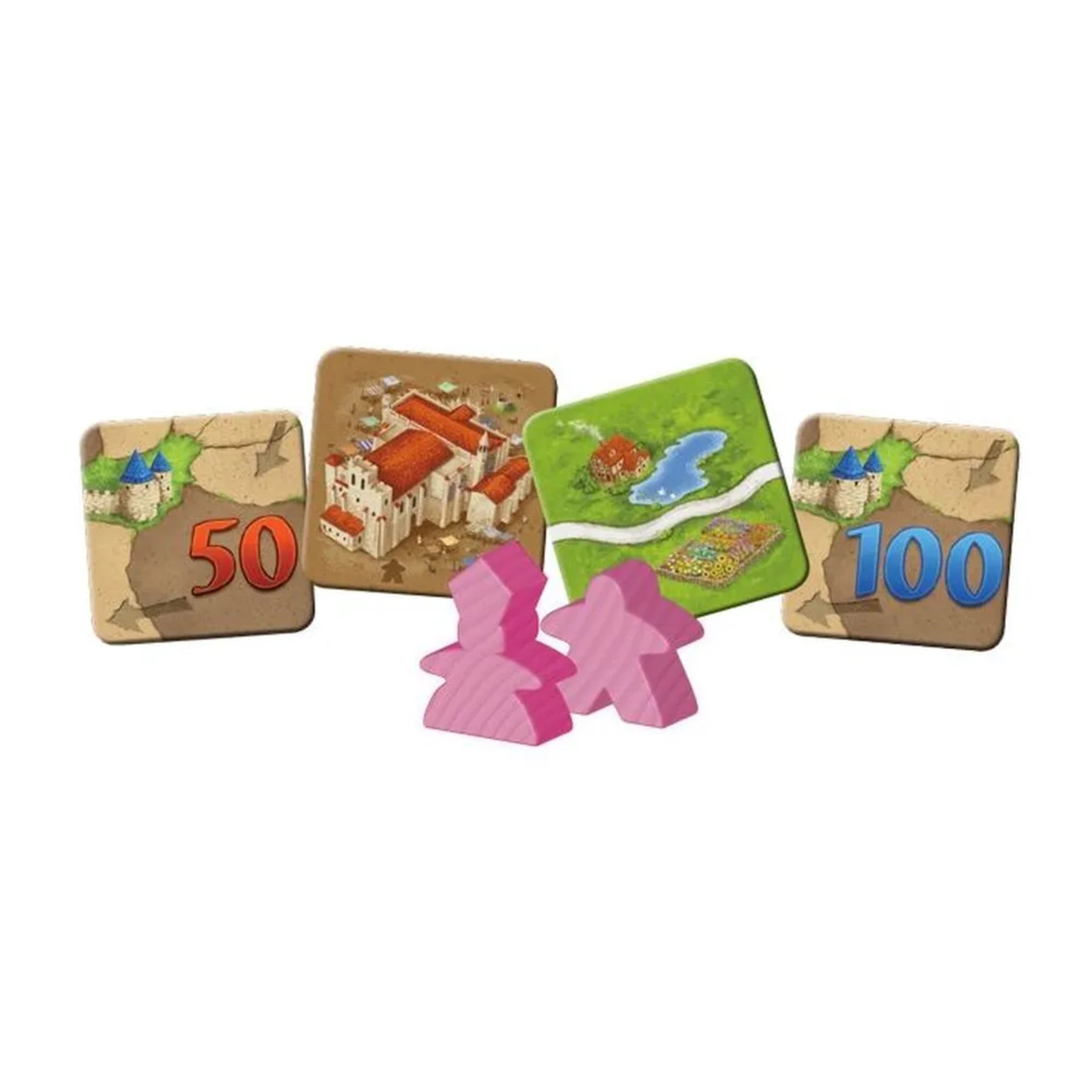 A Carcassonne: Fogadók és Katedrálisok kiegészítő fő komponensei közelről: rózsaszín bábuk, pontozólapok 50-es és 100-as értékkel, valamint új tájlapkák katedrálissal, fogadóval és tavacskával.