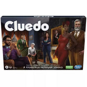 Cluedo társasjáték doboz előlap – A klasszikus detektív társasjáték új kiadásának doboza, amelyen a gyanúsítottak karakterei láthatók.