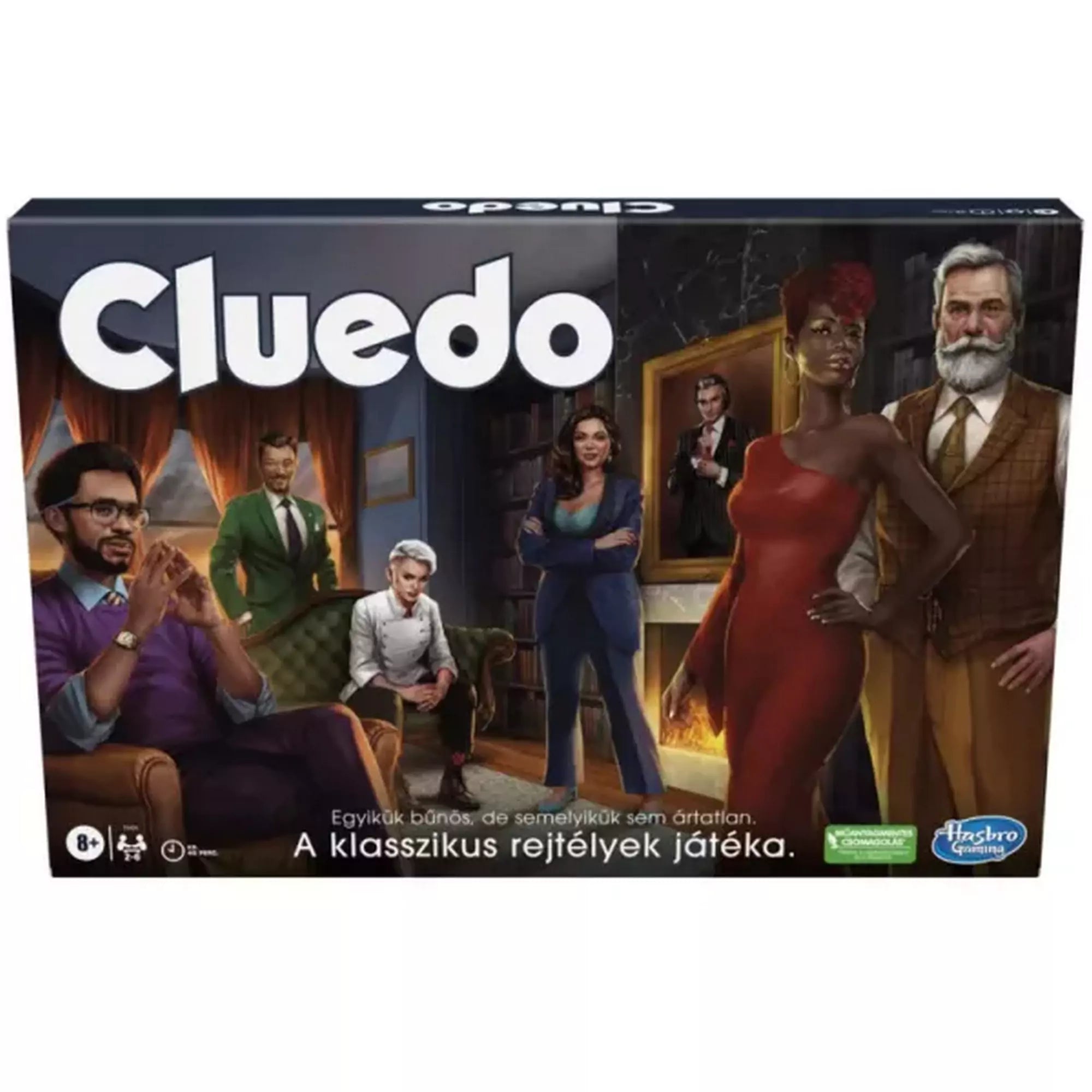 Cluedo társasjáték doboz előlap – A klasszikus detektív társasjáték új kiadásának doboza, amelyen a gyanúsítottak karakterei láthatók.