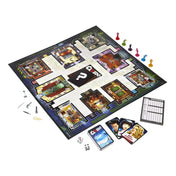 Cluedo társasjáték tartalma – A klasszikus Cluedo játék játéktáblája szobákkal, karakter- és tárgykártyákkal, dobókockákkal, jegyzetlappal, fegyverbábukkal és színes figurákkal.