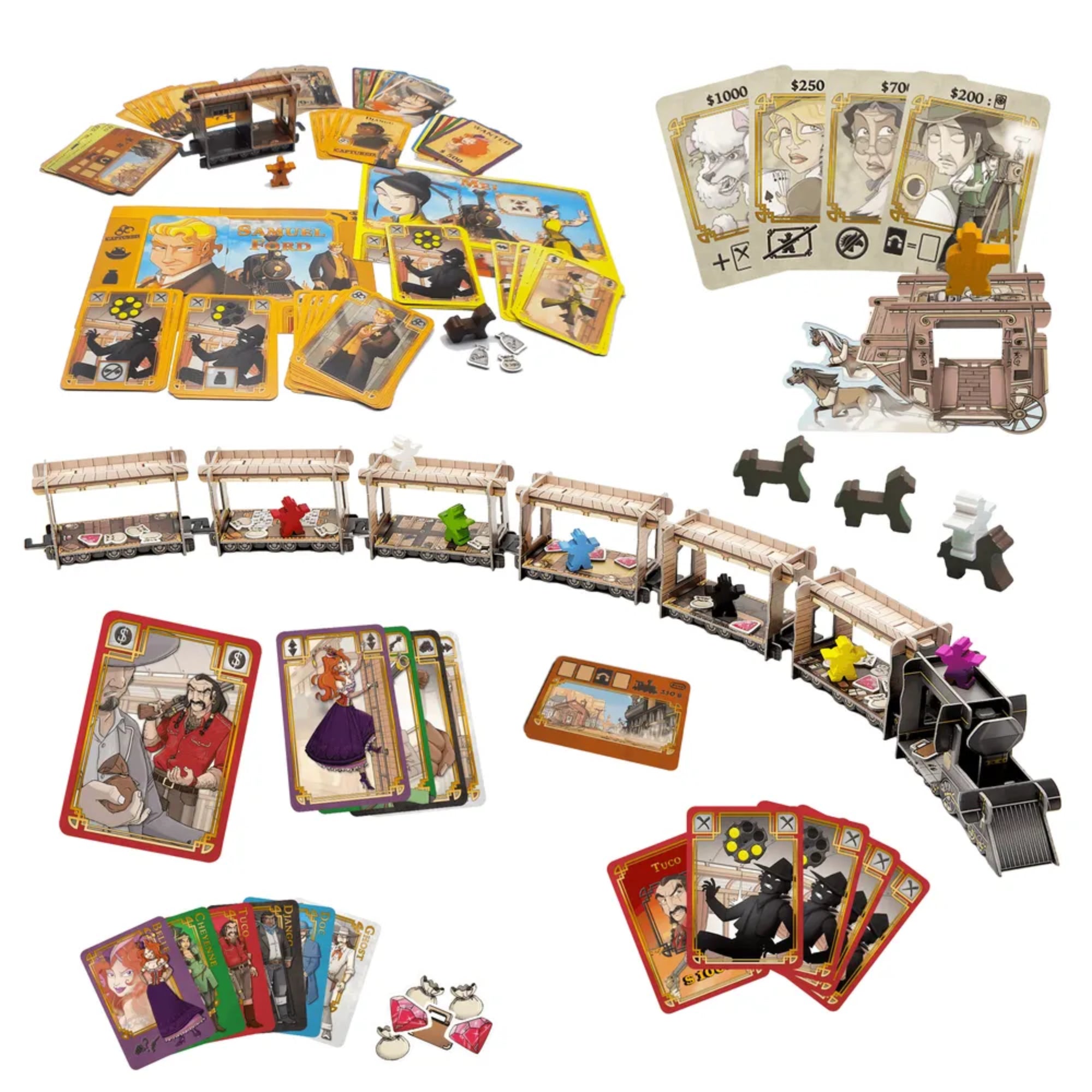 A Colt Express Big Box tartalma, kiterítve: 3D-s vonat, kártyapaklik, játéktáblák, zsetonok, figurák, postakocsi és papírelemek, különböző karakterekhez illusztrált kártyák társaságában.