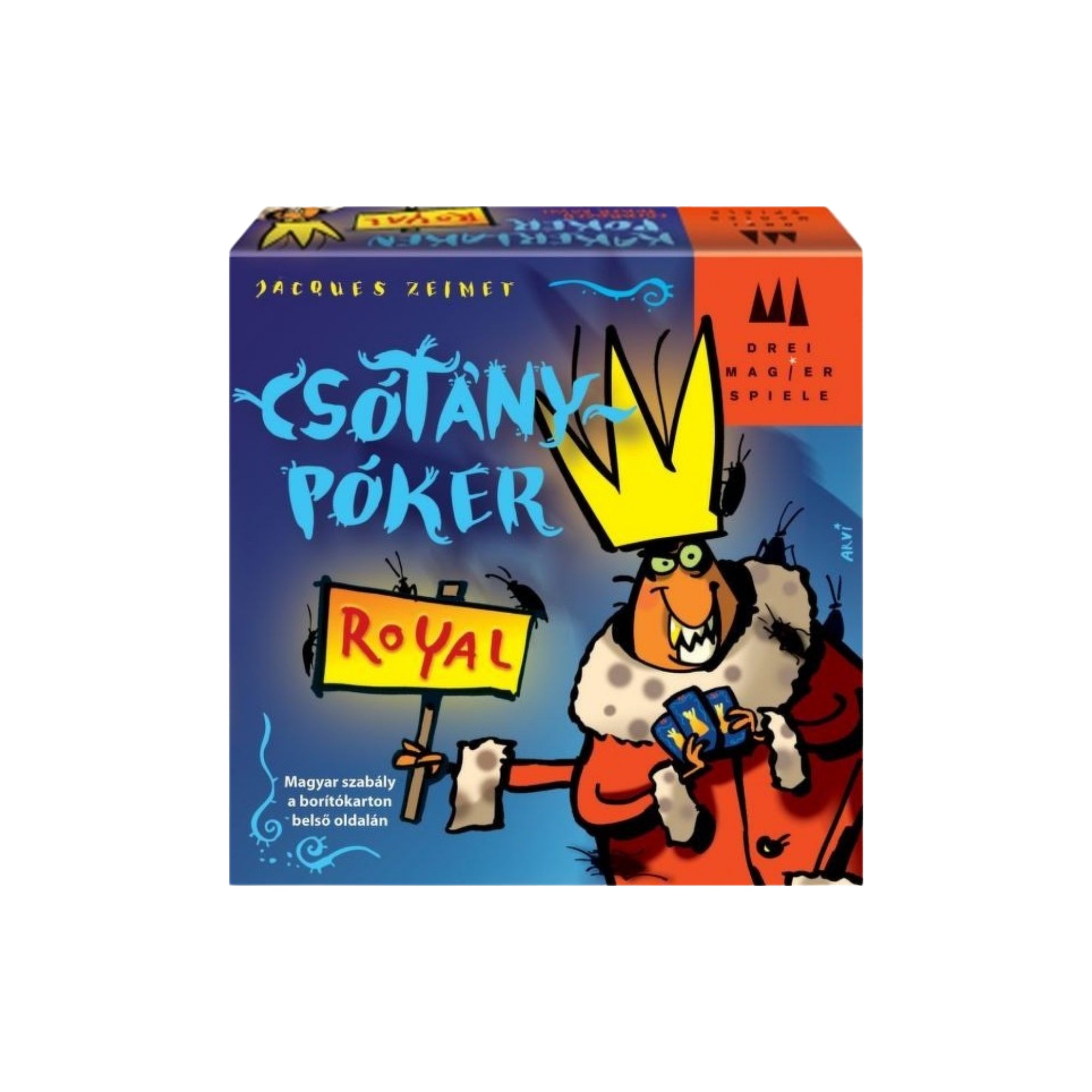 A Csótánypóker Royal társasjáték dobozának előlapja, amelyen a játék logója és egy koronás figura látható.