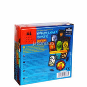 A Csótánypóker Royal társasjáték dobozának hátoldala, amely információkat tartalmaz a játékról és annak játékelemeiről.