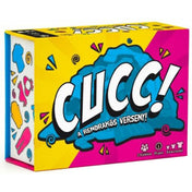 A Cucc! társasjáték színes doboza sárga és rózsaszín alapszínnel, nagy „CUCC!” felirattal és játékos ikonokkal az alsó részen.