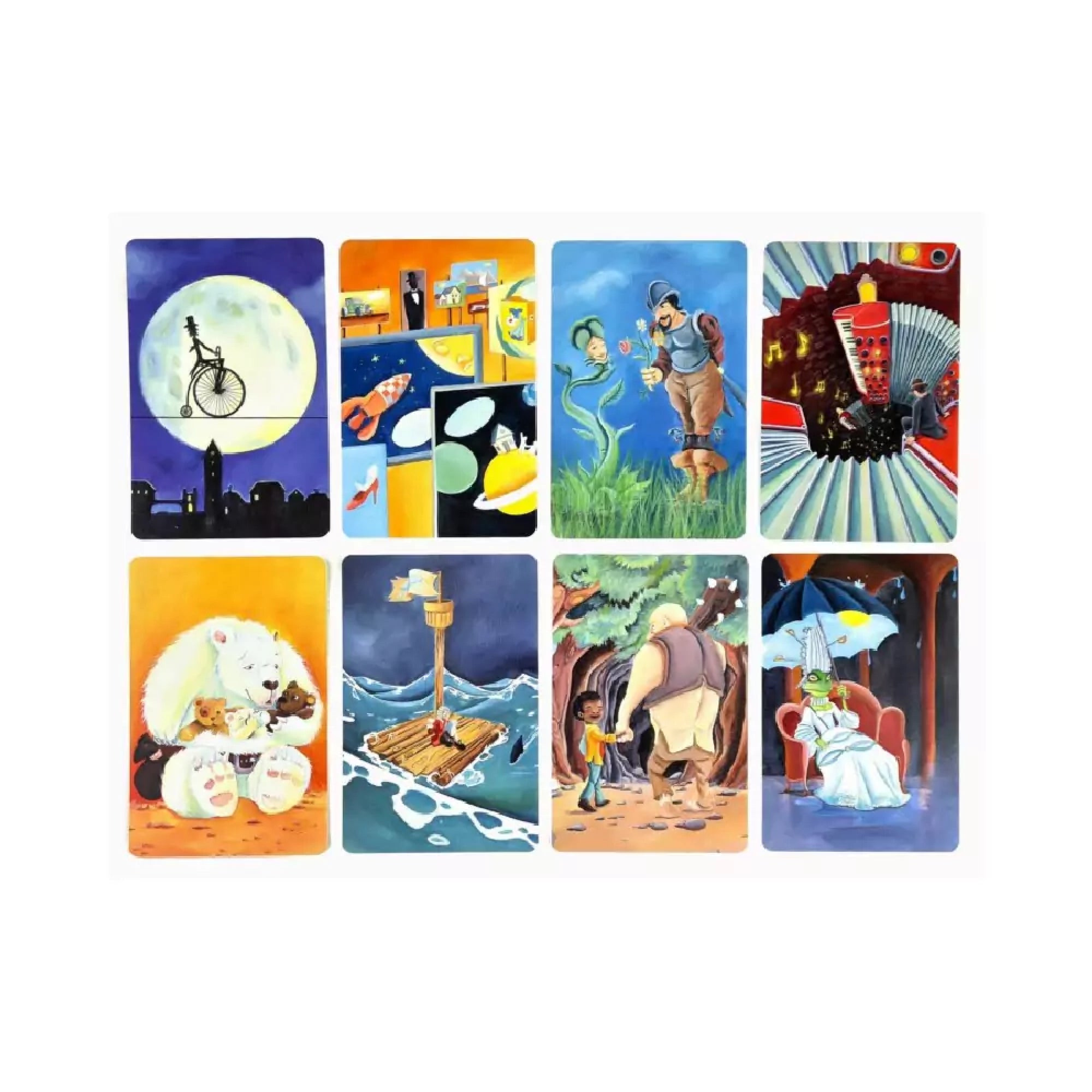 A Dixit Odyssey társasjáték egyedi, művészi stílusban illusztrált kártyái, különböző jelenetekkel és hangulatokkal, színes háttéren.