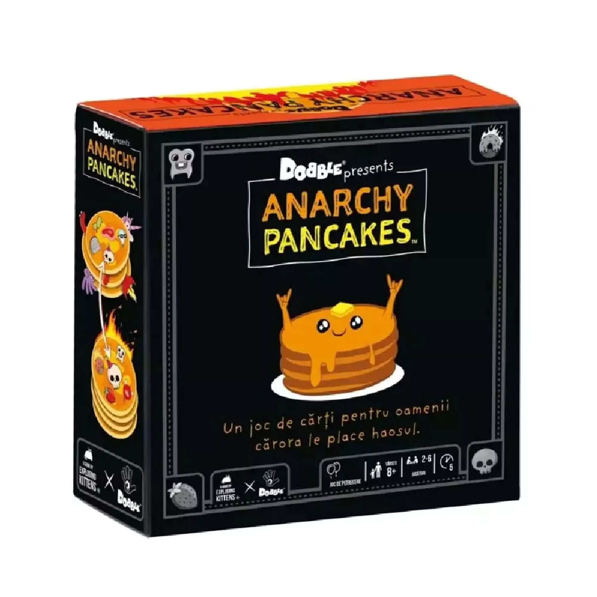 Anarchy Pancakes kártyajáték doboza, amely bemutatja a játék világát és célját, a játékosok közötti szórakoztató versenyt.