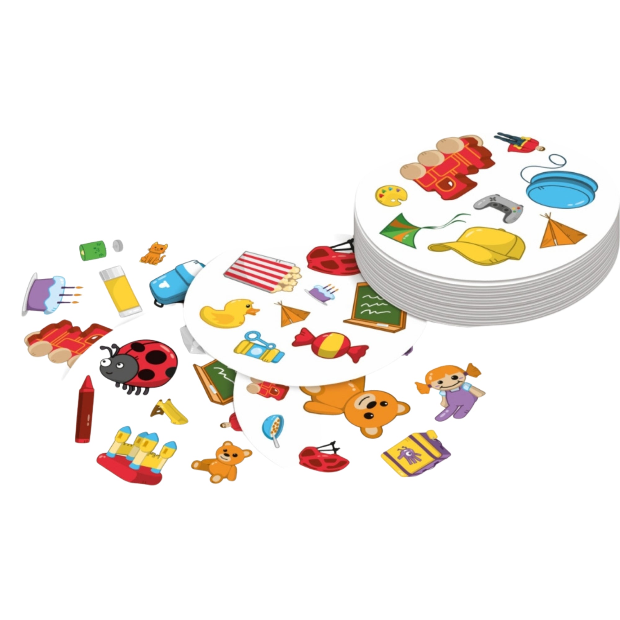 A "Dobble Kids" társasjáték kártyái, amelyek vidám illusztrációkat tartalmaznak.