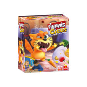 Pirossárga színű doboz Finnyás Cicus társasjátékkal, rajta egy vicces, morgó narancssárga cicával, ételdarabokkal és játszó gyerekekkel.