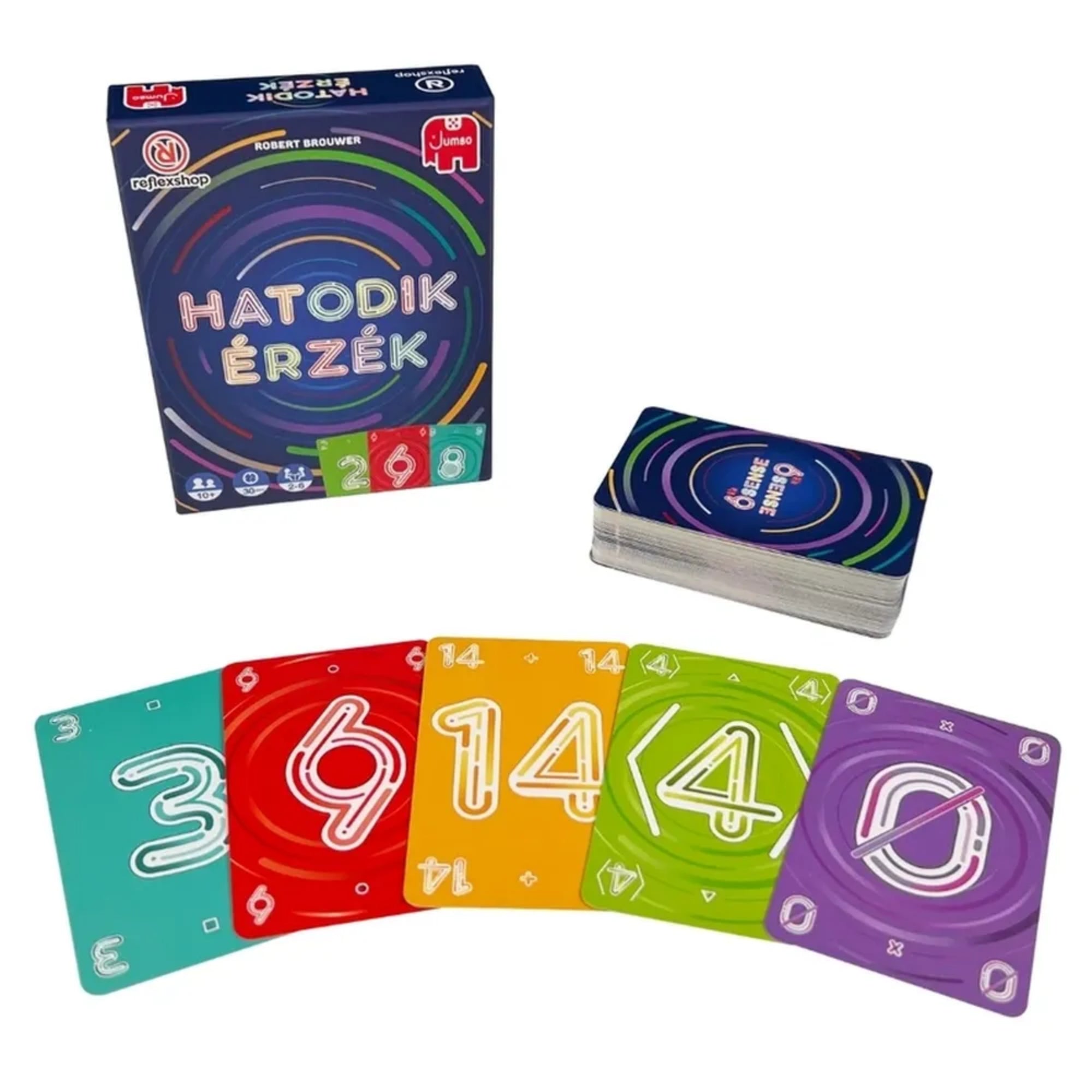 A képen a „Hatodik érzék” doboza és az összes játékkártya látható kibontva. A pakli mellett hat színes kártyalap van kiterítve: türkiz (3), piros (9), sárga (14), zöld (4), lila (0) és ismét sárga (14). A kártyák élénk színei és letisztult dizájnja játékos, mégis modern vizuális élményt nyújtanak.