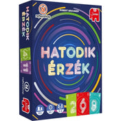 A kép egy színes, modern stílusú társasjáték-dobozt ábrázol, amelyen a „Hatodik érzék” felirat neon betűkkel szerepel egy sötétkék alapon, színes körívek által keretezve. A Reflexshop és a Jumbo logója is jól látható, valamint a játék javasolt korosztálya (10+), játékidő (30 perc) és játékosszám (2–6 fő) ikonokkal van feltüntetve. Az alsó részen három színes kártyalap részlete is megjelenik: zöld (2), piros (6) és világoskék (8) számokkal.