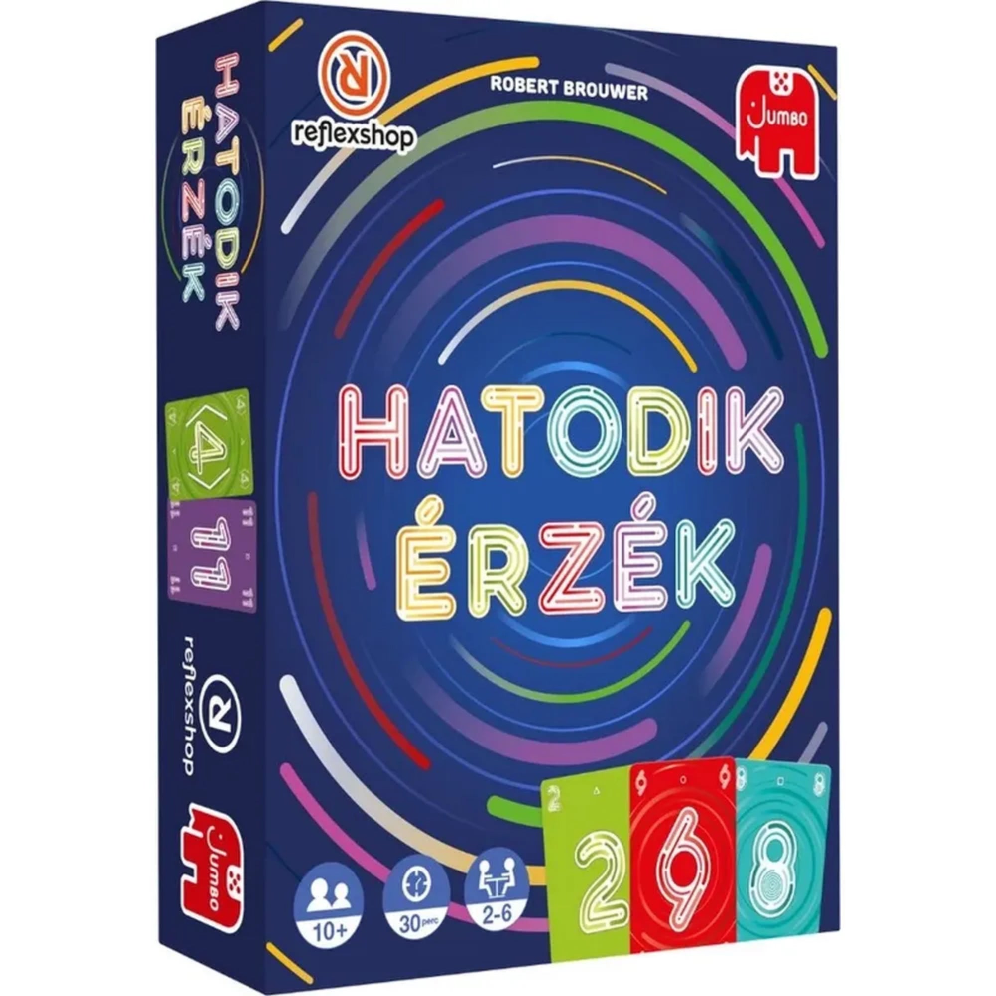 A kép egy színes, modern stílusú társasjáték-dobozt ábrázol, amelyen a „Hatodik érzék” felirat neon betűkkel szerepel egy sötétkék alapon, színes körívek által keretezve. A Reflexshop és a Jumbo logója is jól látható, valamint a játék javasolt korosztálya (10+), játékidő (30 perc) és játékosszám (2–6 fő) ikonokkal van feltüntetve. Az alsó részen három színes kártyalap részlete is megjelenik: zöld (2), piros (6) és világoskék (8) számokkal.