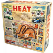 A Heat: Pedal to the Metal társasjáték hátoldala, bemutatva a játéktábla és a komponensek részleteit.