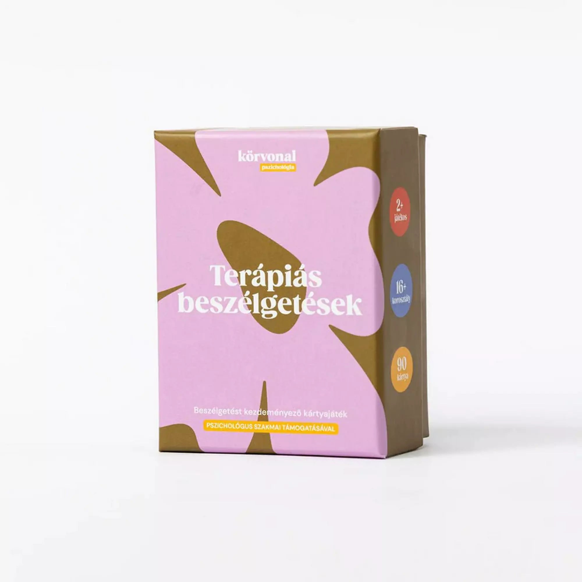 A Terápiás beszélgetések kártyajáték doboza, rózsaszín-barna virágmintás dizájnnal, amely 2 vagy több játékos számára, 16 éves kortól ajánlott, 90 kérdéskártyát tartalmaz.