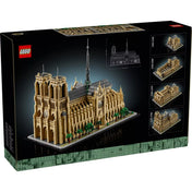 LEGO Architecture Notre-Dame de Paris (21061) doboz hátoldala, rajta a modell történelmi fejlődése különböző építési fázisokban és egy tervrajz nézet.