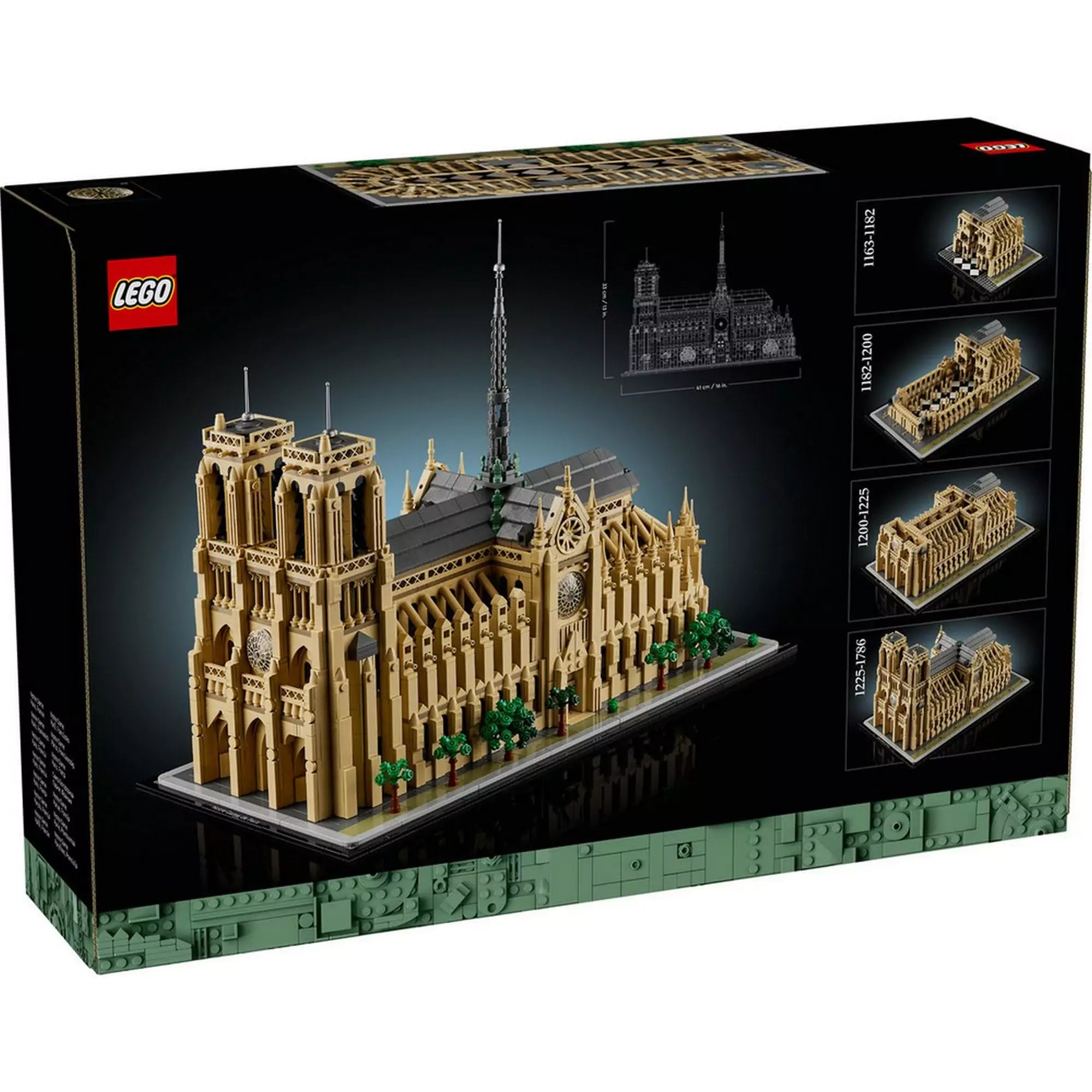 LEGO Architecture Notre-Dame de Paris (21061) doboz hátoldala, rajta a modell történelmi fejlődése különböző építési fázisokban és egy tervrajz nézet.