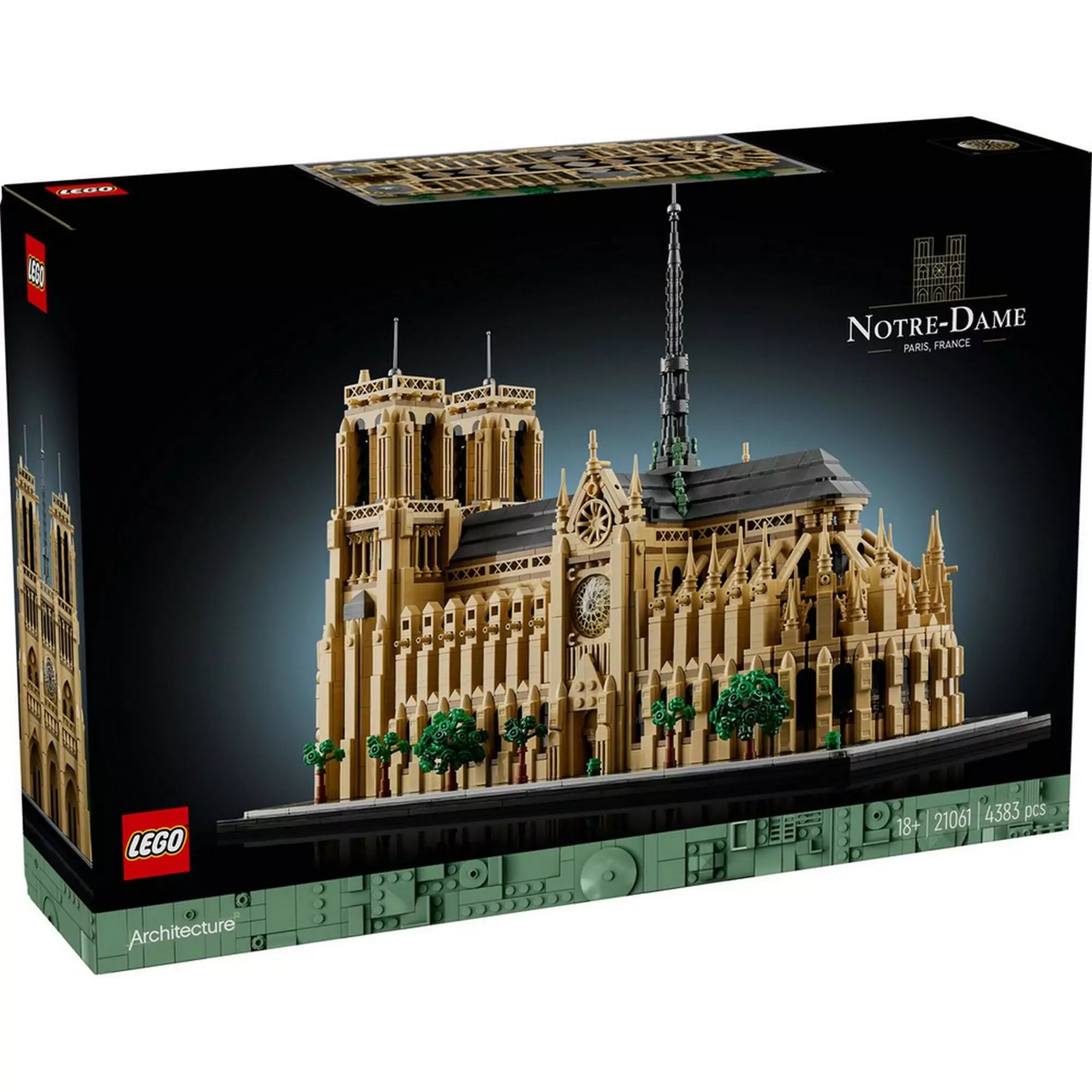 LEGO Architecture Notre-Dame de Paris (21061) készlet doboza, amelyen a teljes modell látható a felirattal: „Notre-Dame, Paris, France”.