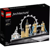LEGO Architecture London (21034) dobozkép – A LEGO Architecture készlet elegáns fekete doboza, amely London híres építményeit ábrázolja, köztük a Big Ben-t, a London Eye-t és a Tower Bridge-et.