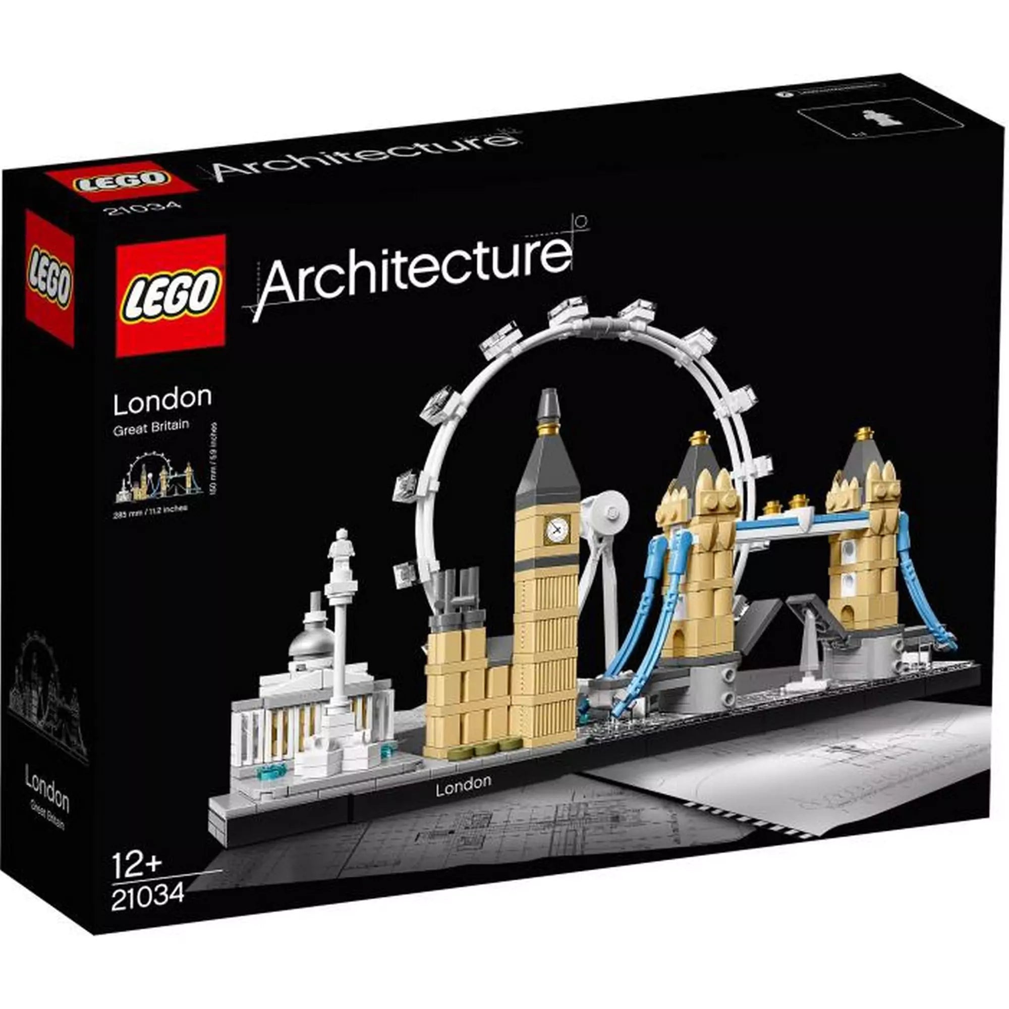 LEGO Architecture London (21034) dobozkép – A LEGO Architecture készlet elegáns fekete doboza, amely London híres építményeit ábrázolja, köztük a Big Ben-t, a London Eye-t és a Tower Bridge-et.