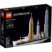 LEGO Architecture New York City (21028) dobozkép – A LEGO Architecture sorozat elegáns fekete doboza, rajta New York ikonikus épületeivel: Szabadság-szobor, Empire State Building, Chrysler Building, Flatiron Building és One World Trade Center.