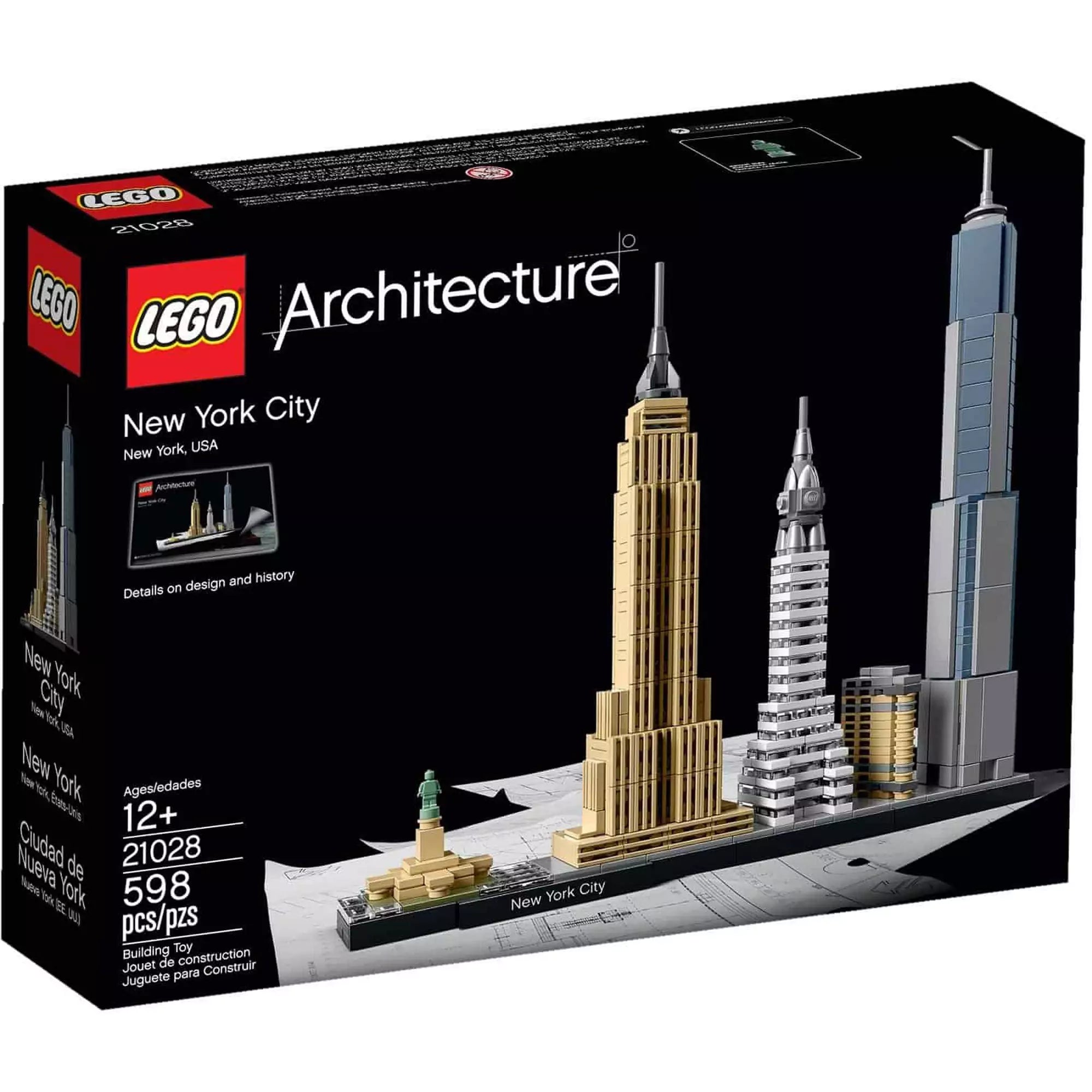 LEGO Architecture New York City (21028) dobozkép – A LEGO Architecture sorozat elegáns fekete doboza, rajta New York ikonikus épületeivel: Szabadság-szobor, Empire State Building, Chrysler Building, Flatiron Building és One World Trade Center.