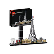 LEGO Architecture Paris (21044) készlet dobozzal – A LEGO Architecture Paris készlet doboza a megépített városképpel, amely az Eiffel-tornyot, Diadalívet és más híres párizsi épületeket tartalmaz.