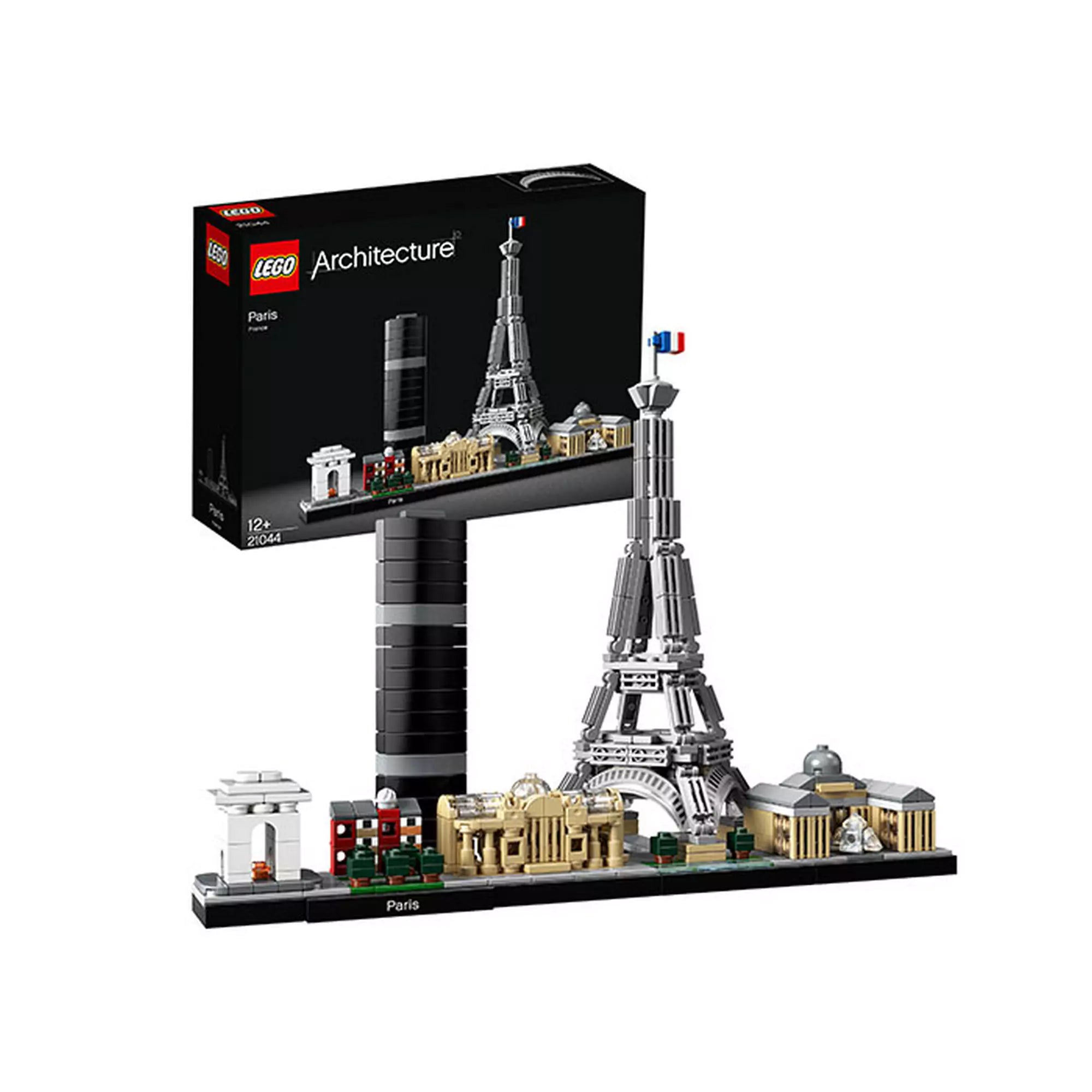 LEGO Architecture Paris (21044) készlet dobozzal – A LEGO Architecture Paris készlet doboza a megépített városképpel, amely az Eiffel-tornyot, Diadalívet és más híres párizsi épületeket tartalmaz.