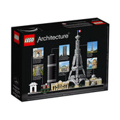LEGO Architecture Paris (21044) dobozhátlap, feliratokkal – A doboz hátoldala, amely bemutatja a készletben szereplő épületek nevét és képeit: Diadalív, Champs-Élysées, Tour Montparnasse, Grand Palais, Eiffel-torony és a Louvre.