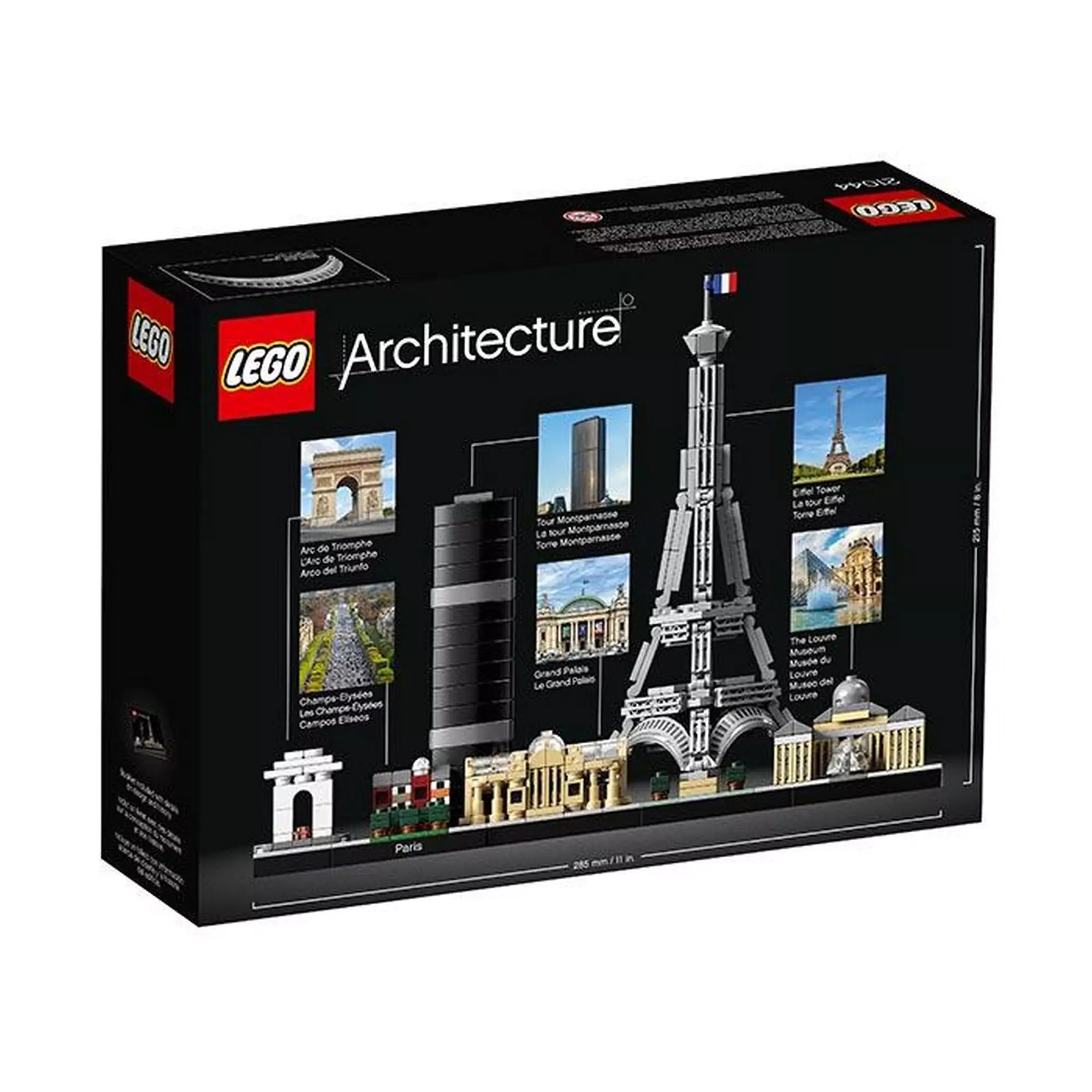 LEGO Architecture Paris (21044) dobozhátlap, feliratokkal – A doboz hátoldala, amely bemutatja a készletben szereplő épületek nevét és képeit: Diadalív, Champs-Élysées, Tour Montparnasse, Grand Palais, Eiffel-torony és a Louvre.