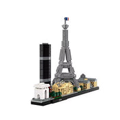 LEGO Architecture Paris (21044) oldalnézet bal felől – A városkép bal oldalról, fókuszban a Diadalív, Tour Montparnasse és az Eiffel-torony szerkezete.