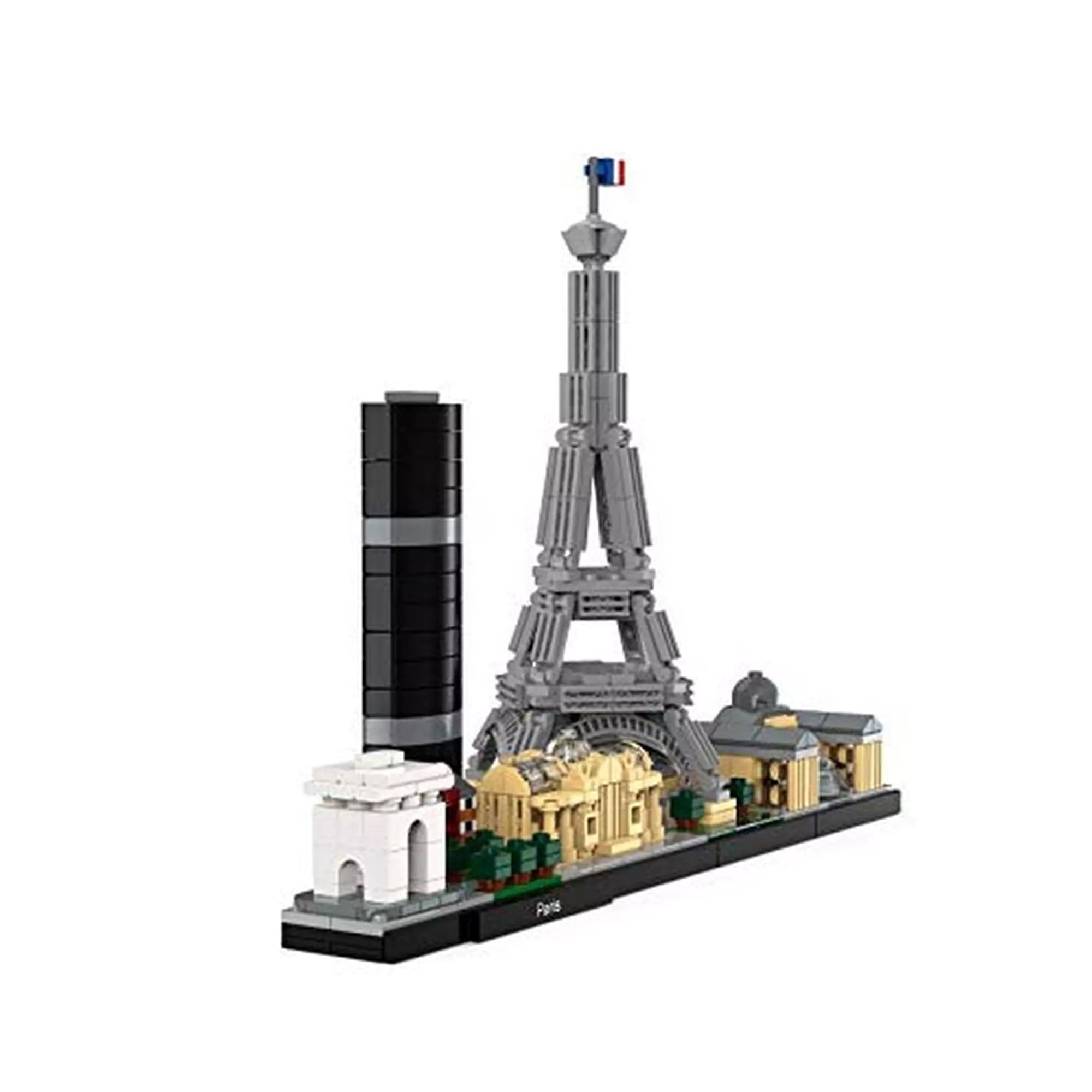 LEGO Architecture Paris (21044) oldalnézet bal felől – A városkép bal oldalról, fókuszban a Diadalív, Tour Montparnasse és az Eiffel-torony szerkezete.