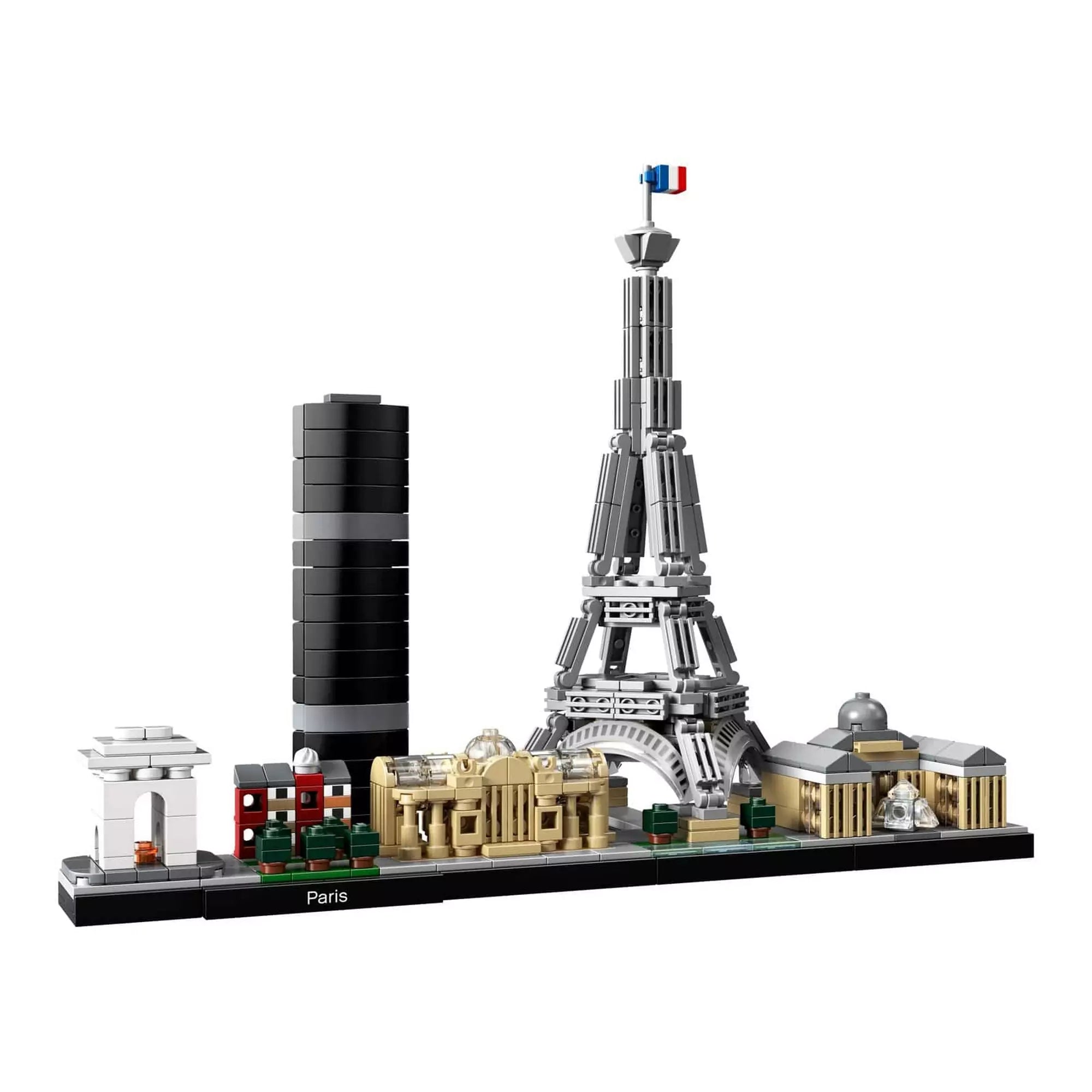 LEGO Architecture Paris (21044) elölnézeti városkép – A teljes LEGO városkép elölnézetből, rajta a legismertebb párizsi épületekkel, köztük a magas Eiffel-toronnyal, a Montparnasse toronnyal és a Louvre-val.